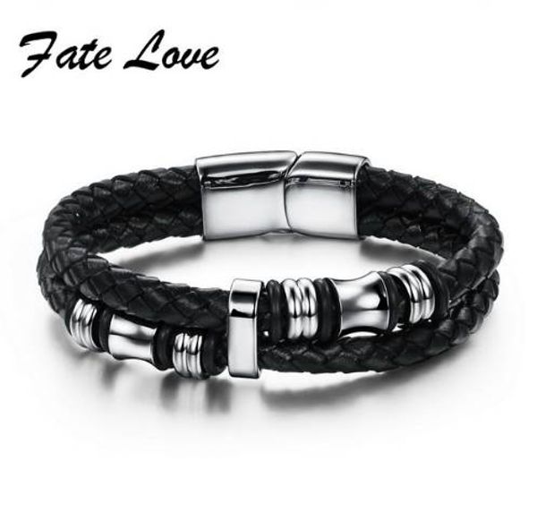 Moda preta dupla camada trançada pulseira de couro homens pulseiras de prata de aço inoxidável pulseiras com fivela magnética fl911