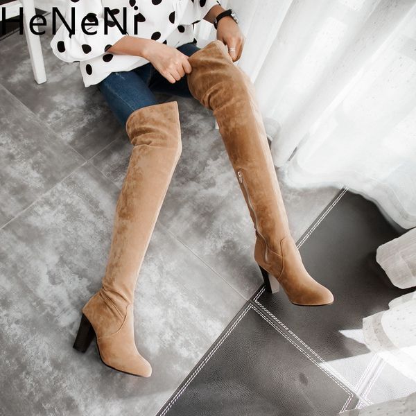 

woman slim boots over the knee high suede women's fashion winter thigh high boots woman long plus size 34-45, Black