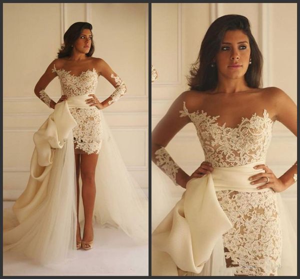 

maison yeya short lace wedding dresses with detachable train 2018 new illusion long sleeve sheer neck holiday bridal two pieces wedding gown, White