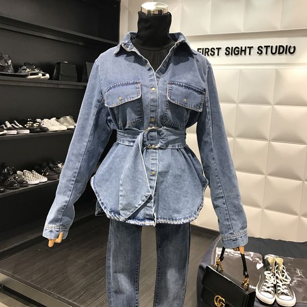 

2018 new spring women's casual long sleeve ring belt denim shirt lapel jeans blouse, White