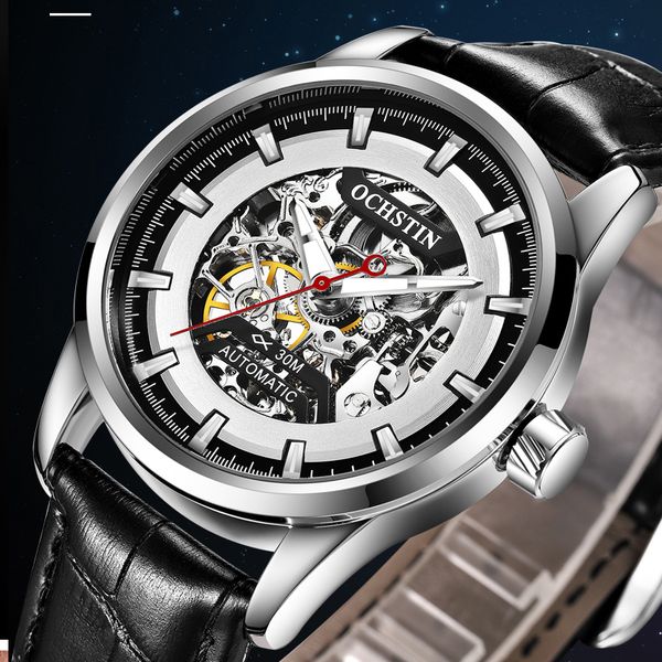 

2018 men's fashion skeleton automatic mechanical watches brand ochstin leather business dress clock relogio masculino, Slivery;brown