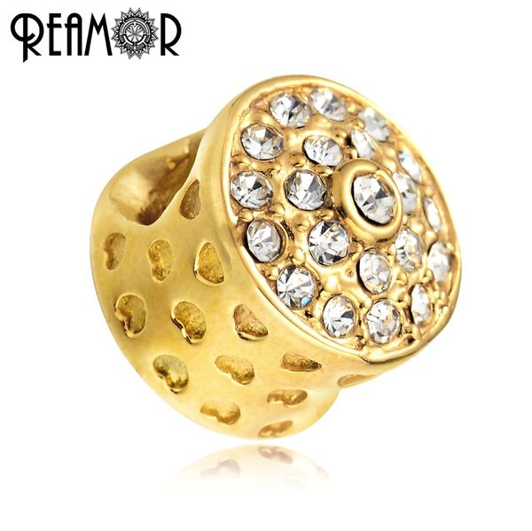 

reamor stainless steel gold plated cz round hollow heart european beads charms fit original bracelets bangles diy jewelry making