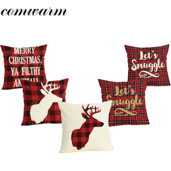 

comwarm christmas letter plaid pattern pillow case linen cotton deer red color dining chair pillow cover for sleeping traveling