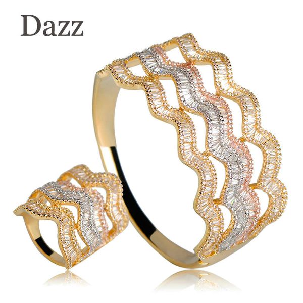 

dazz three tones colors twist shape wide bangle ring set full rhinestones copper jewelry sets women bridal wedding gifts bijoux, Silver