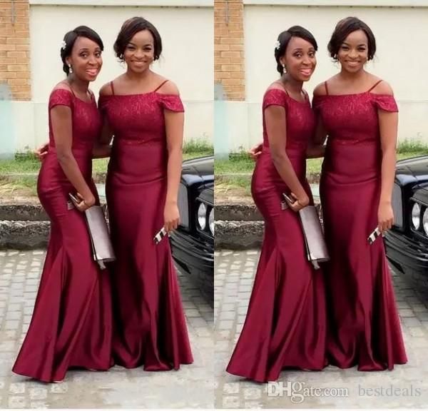 

african satin spaghetti straps lace mermaid bridesmaid dresses long short sleeves floor length formal maid of honor gowns wedding party, White;pink