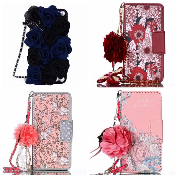 

3d pearl leather wallet ca e for iphone 11 xr x max x 8 7 6 galaxy 10 10e note 10 9 8 9 8 flower bead bling flip phone cover lot trap