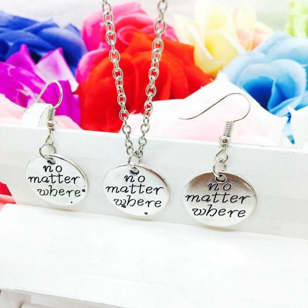 

горячие продажи цинковый сплав серебра антиквариата no matter где tag charms ожерелье серьги набор творческих женщин ювелирные изделия аксес, Silver