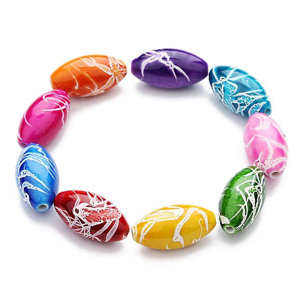 

xinyao 50pcs/lot 10*18mm oval colorful resin beads bracelet findings loose flower pattern spacer beads for diy jewelry making