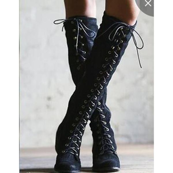 

women knee high boots leather fashion lace up round toe low heel women rivet motorcycle boots big size, Black