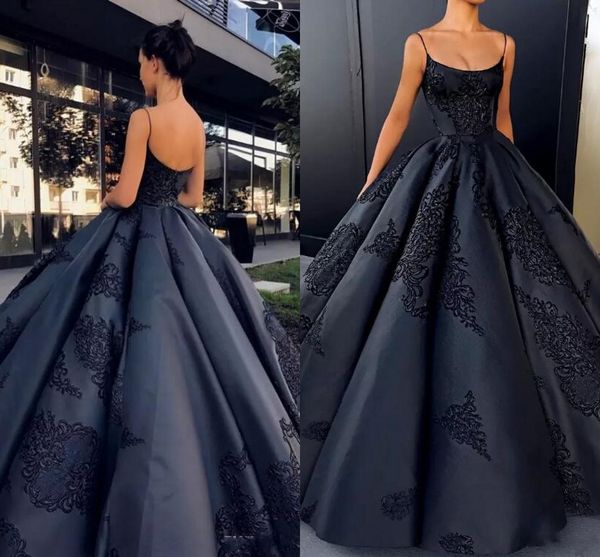 

sparkly black spaghetti straps satin ball gown evening dresses sleeveless lace appliques backless prom gowns african arabic party wear, Black;red