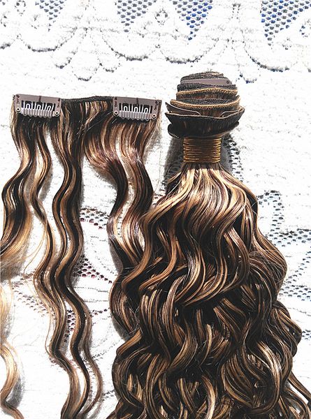 

brazilian clip in human virgin remy hair blonde27# mix medium brown 4# hair weft human hair extensions double drawn full head, Black