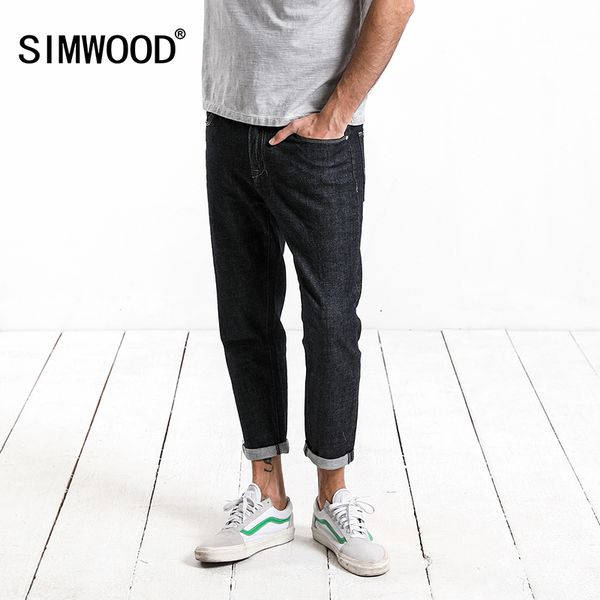 

simwood 2018 spring summer new ankle-length jeans men slim fit embroidery denim trousers plus size 180097, Blue