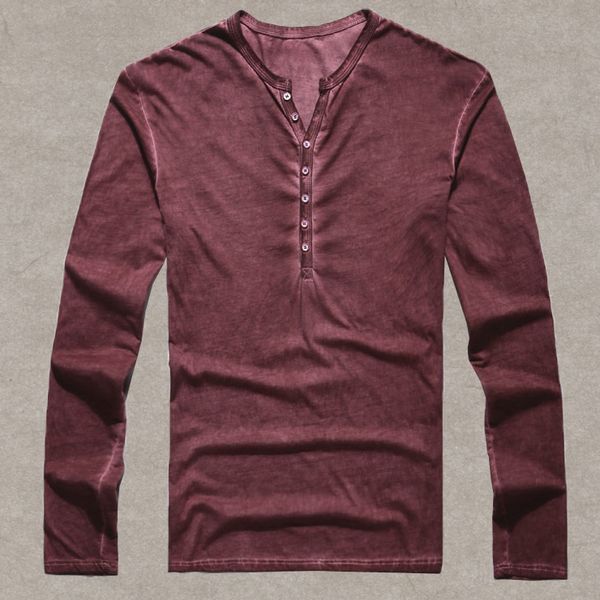 

V-Neck Brand Designer Men Cotton Vintage Henry T Shirts Casual Long Sleeve High Quality Men Old Color Cardigan T Shirt