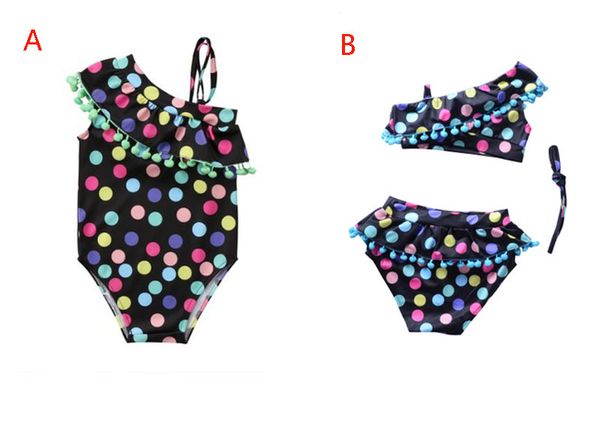 

2 styles baby dot one-piece and bikinis swimsuit kids strapless tassel lotus leaf collar swimwear boutique girls bikinis children two-piece, Black