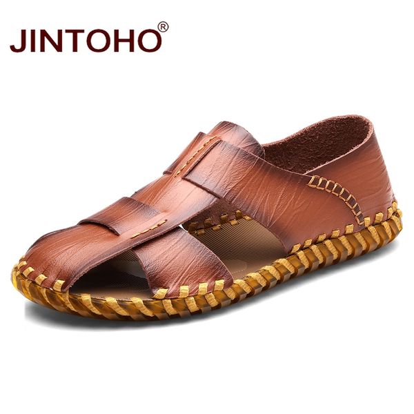 

jintoho fashion genuine leather men sandals male sandals brown leather summer beach shoes men sandalias, Black