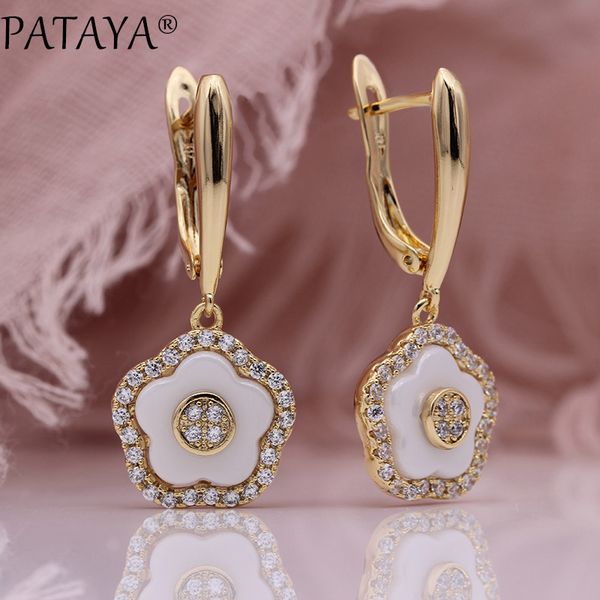 

pataya new white ceramic flower earring women unique noble wedding jewelry 585 rose gold natural zircon dangle long earrings c18111901, Golden