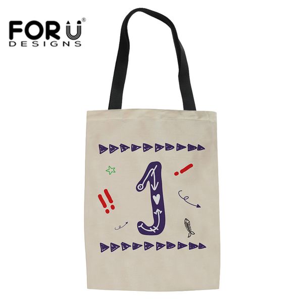 

forudesigns funny alphabet printed linen shopping bag retro women shoulder bags for vegetables fruits 3d beach sac a provisions