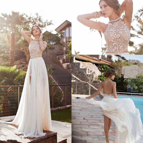 Julie Vino Plaj Balo Elbise Halter Dantel İnciler Chiffon Yüksek Bölünmüş Sırtsız Yunan Boho Dantel Balo Ball Kokteyl Partisi Elbise Tren Hy0528