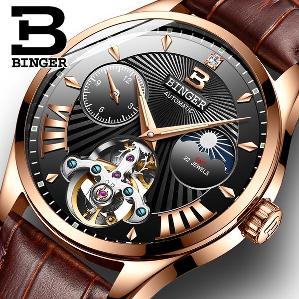 

binger switzerland fashion men's mechanical watch watches luminous clock male rose gold case watch, Slivery;brown