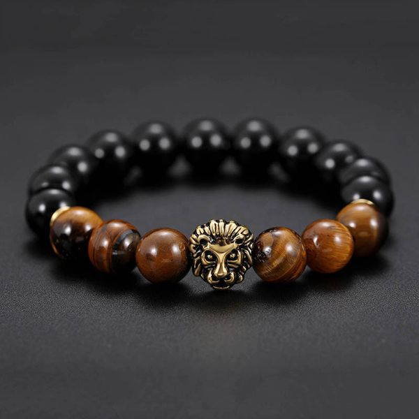 Natürliche Tigerauge Stein Perlen Stränge Armbänder Charm Lucky Golden Lion Armband für Männer Modeschmuck