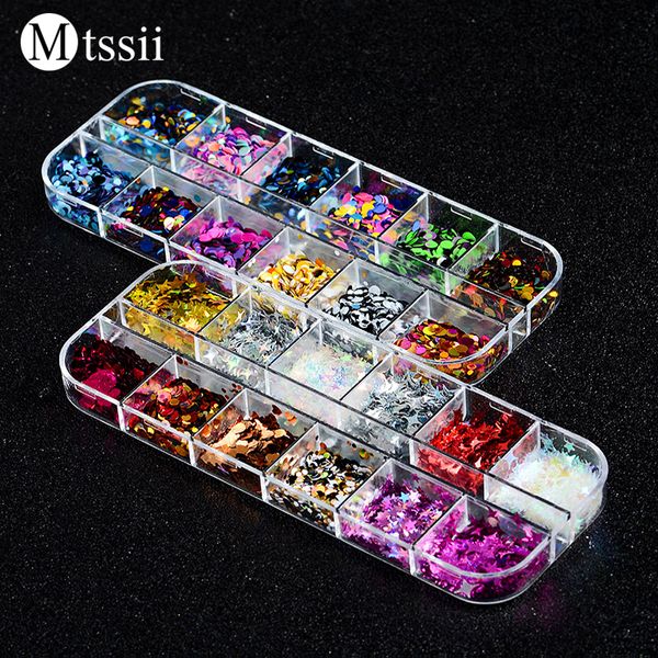 

mtssii 12 grids laser nail art sequins mixed round star design ultra thin tips shimmer paillette nail manicure decoration, Silver;gold
