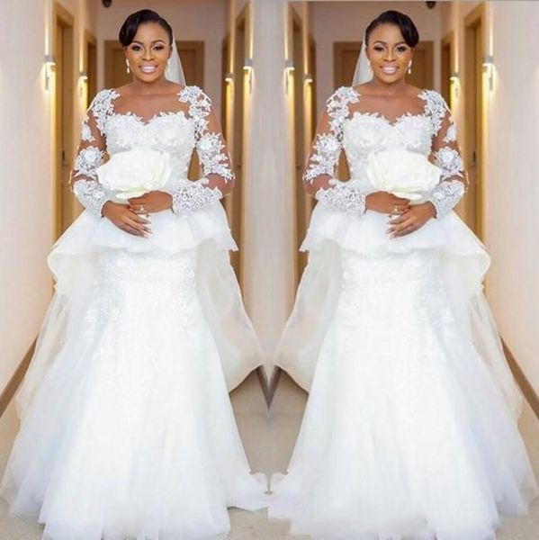 

2020 дешевые african плюс размер свадебные платья русалка jewel шеи кружева аппликации бисер длинные рукава баски стреловидности gowns поезд, White