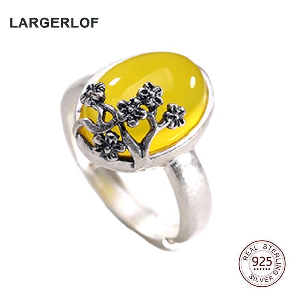 

largerlof real 925 sterling silver ring women fine jewelry chalcedony vintage silver rings for women jz49002, Golden;silver