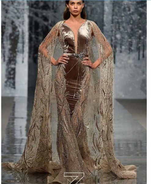 Abendkleid Yousef Aljasmi Kim Kardashian Langes Kleid aus Samt mit V-Ausschnitt und bedruckten Blumenperlen Almoda Gianninaazar Zuhlair Murad Ziadnakad