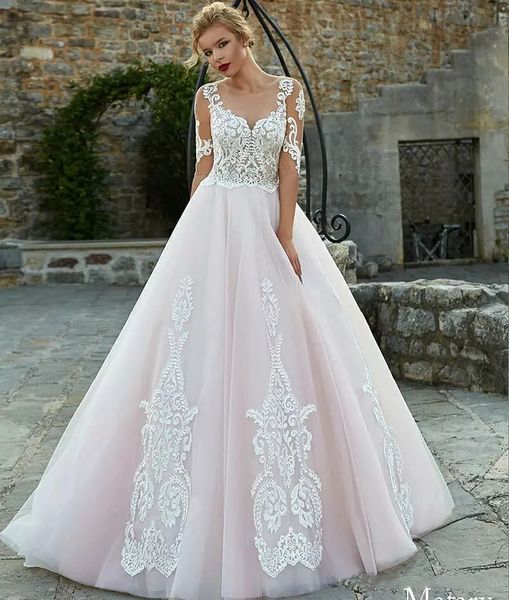 

custom lace wedding dresses 2020 with half sleeve appiques bateau neck backless sweep train bohemian a line wedding bridal gowns, White