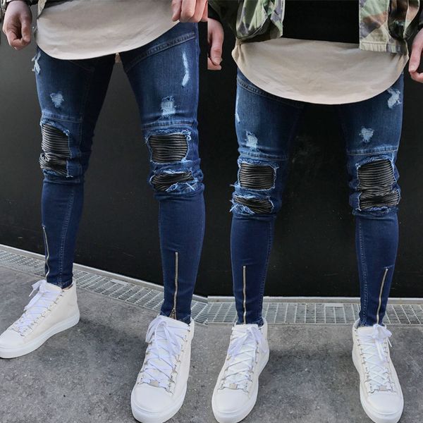 

2018 fashion fear of men god skinny jeans ripped jeans men slim straight joggers leather patchwork biker streetwear mens, Blue