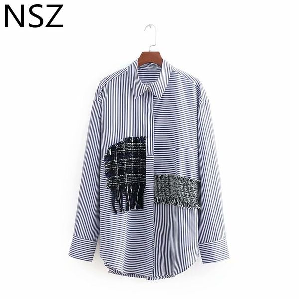 

nsz women striped shirt long sleeve blouse autumn patchwork tassel top, White