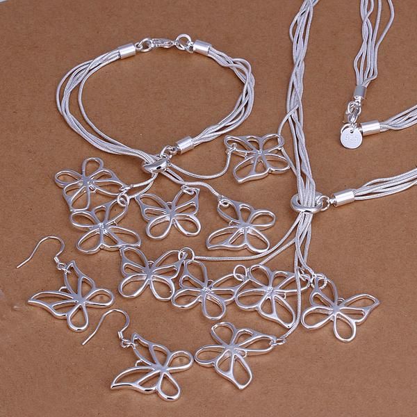 

silver plated jewelry sets lovely silver color 925 jewelry butterfly necklace earrings bracelet three-piece sets, Slivery;golden
