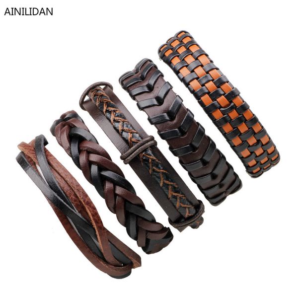 

ainilidan european retro style 5-piece combo leather bracelets bangles fashion handmade wax rope weave bracelet wristband, Golden;silver