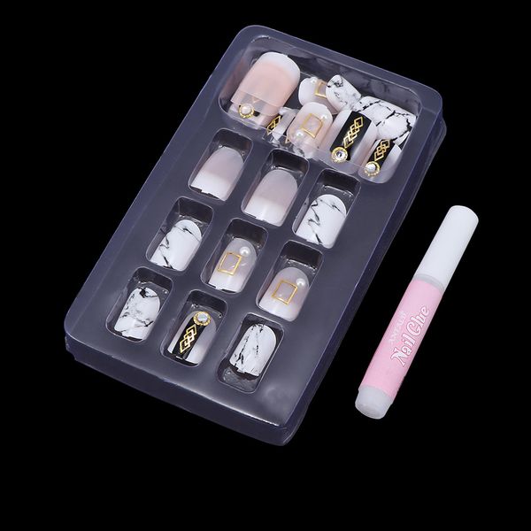 

24 pcs woman fashion nail art tools black marble texture fake nail tips short oval full cover manicure tools beauty false, Red;gold