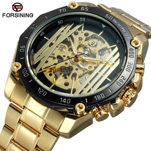 

forsining golden stainless steel band mechanical wristwatches fashion openwork men's watch skeleton male clock, Slivery;brown