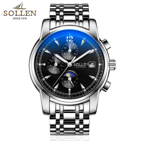

sollen / solon a quality, men's automatic mechanical watch waterproof moon phase calendar luminous watch, Slivery;brown