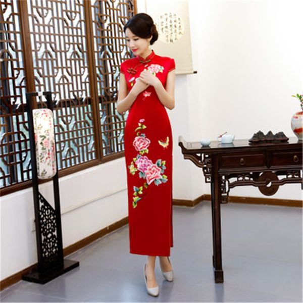 

new embroidered acetate fabric long red cheongsam fashion catwalk banquet dress suienka women formal dress