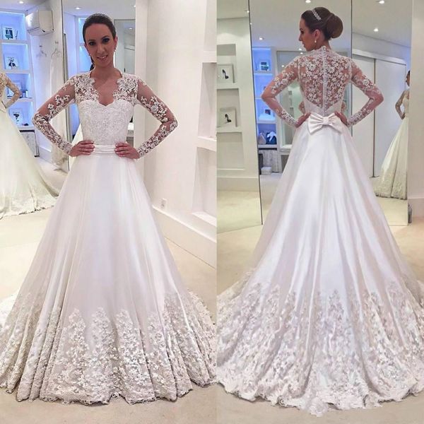

long sleeve bride dresses 2018 vintage stunning train bow 3d floral beaded lace stain muslim hijab button church castle wedding dress, White