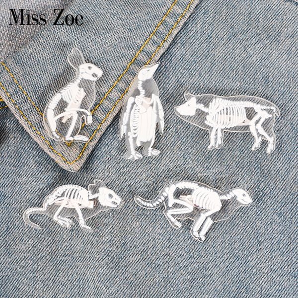 

animal skeleton acrylic pin cat pig rabbit penguin rat brooch button badge lapel pin clothes cap bag jewelry gift for friend, Gray
