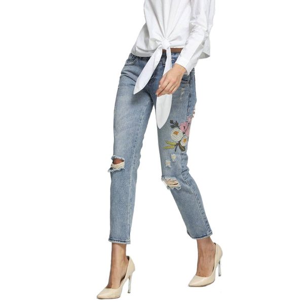 

street flowers embroidery holes a buckle feet trousers slim jeans, Blue