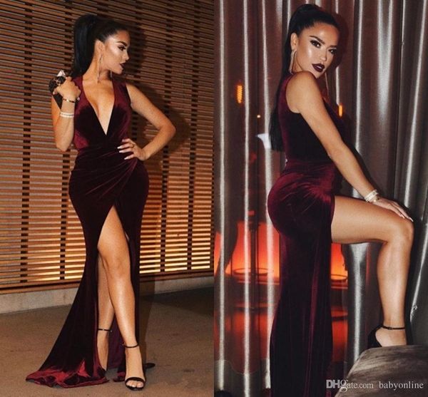 

новейшие velevt сексуальные глубокие v-образным вырезом платья выпускного вечера русалка сплит sweep поезд вечерние платья вечерняя одежда д, Black