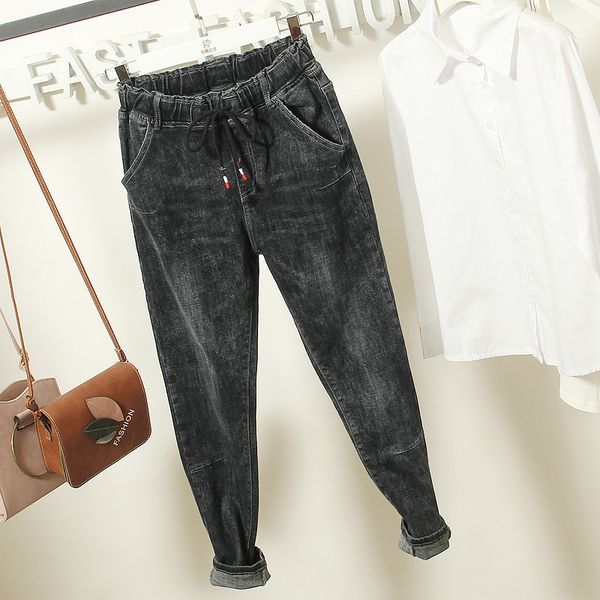 

loose boyfriend ankle denim jeans women casual autumn high waist straight harem pants spring trousers plus size, Blue