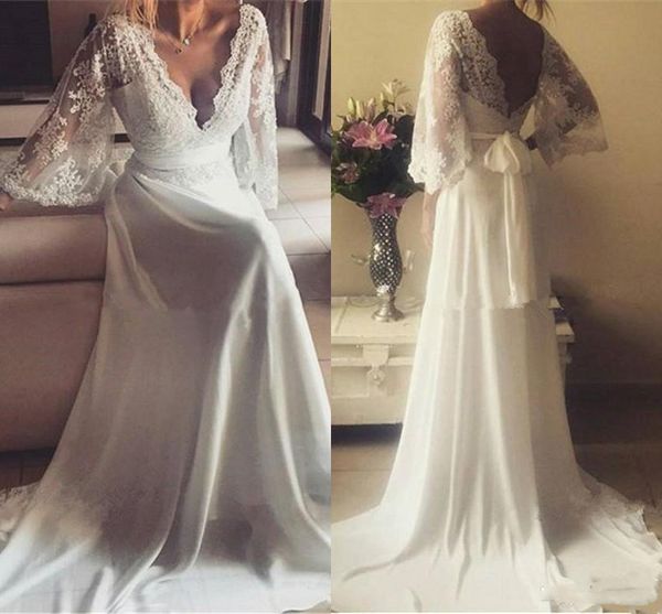 Frete Grátis Estilo Grego Lace Chiffon País Vestidos de Casamento com Mangas Soltas Plus Size Bohemian Vintage Mergulhando V Pescoço Vestidos De Noiva