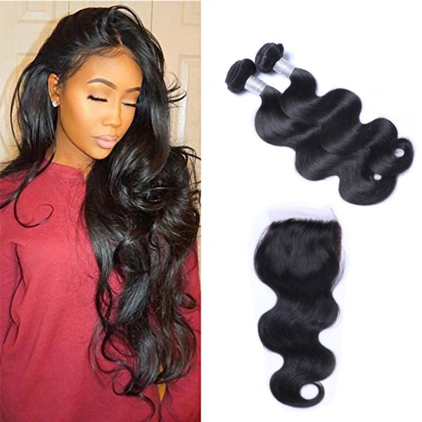 

brazilian bodywave hair 2 bundles with closure middle 3 part double weft human hair extensions dyeable human hair weave fedex shipping, Black