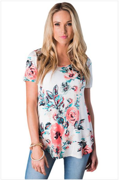 

Casual Women Top Floral Prnited Design Crew Neck Short Sleeves T shirt Summer Beach Style Tee