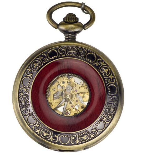 

antique bronze skeleton wooden mechanical pocket watch luxury men's pocket watch with chain gift wholesale, Slivery;golden