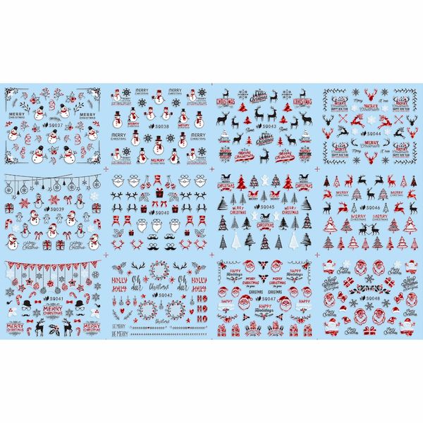 

12 pcs / lot self-adhesive 3d nail tattoos sticker red black christmas xmas snow man gift box deer horn sq37-48