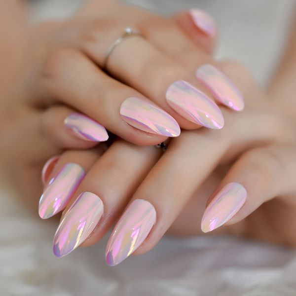 

medium stiletto false nails pink thanksgiving nail art holographic chrome metal tips with glue sticker, Red;gold