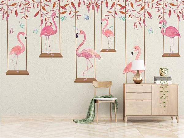 

фотографии обои высокое качество 3d эффект мультфильм детская комната настенная роспись розовый фламинго спальня гостиная фон обои