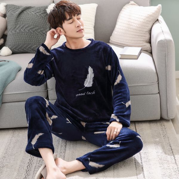 

winter men's pajamas set coral fleece warm thicken flannel pajamas men's long sleeve nightwear pant casual homewear, Black;brown